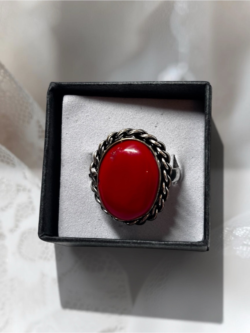 Vintage-Style Red Oval Statement Ring - 925 Sterling Silver